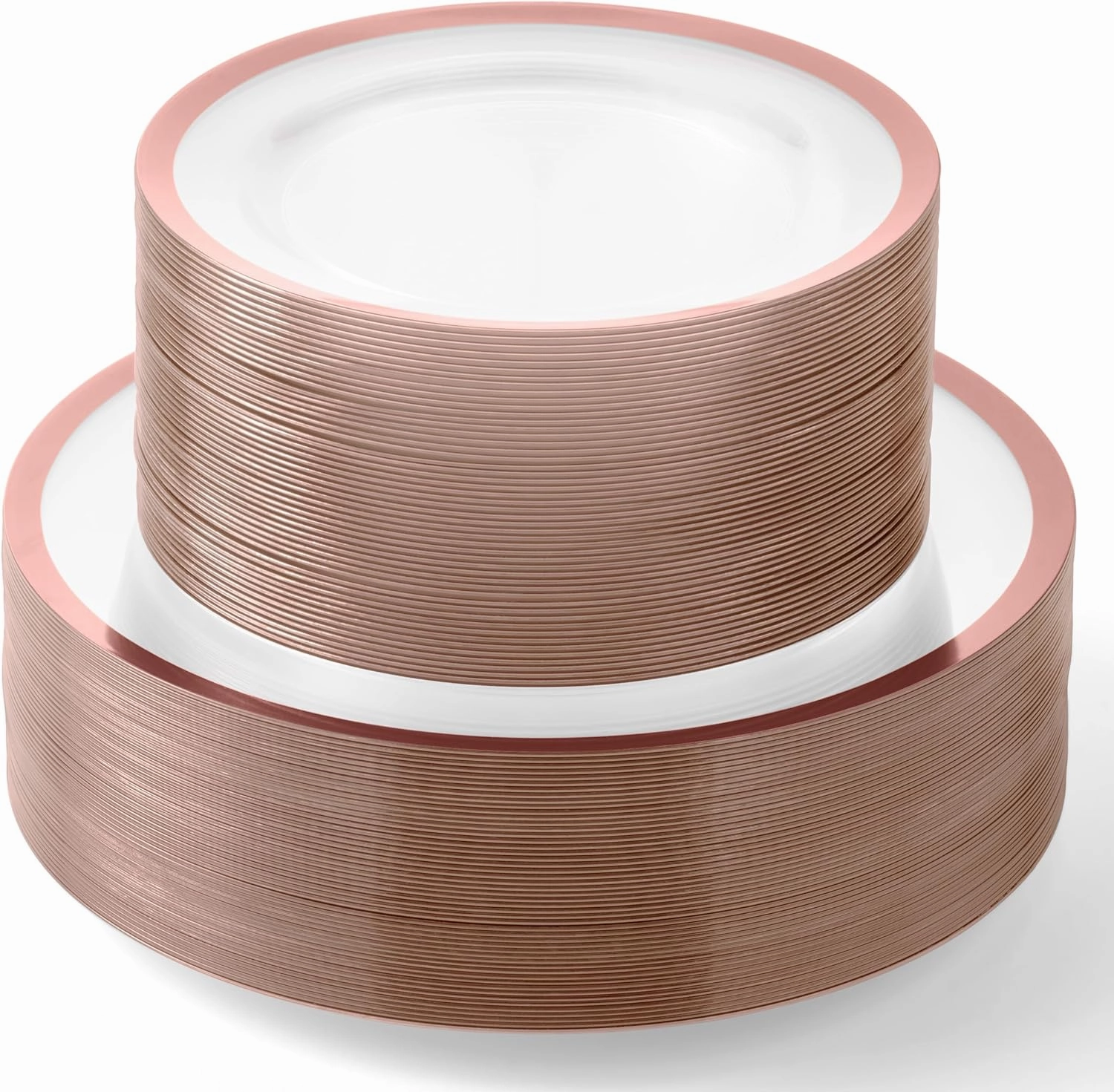By Madee PREMIUM 100Pc Clear Rose Gold Party Plates for Party - 50 Dinner & Dessert Plates with Metallic Trim - Extra-Heavy 30% Thicker for Sturdy, Spill-Free Celebration (50 Guests)