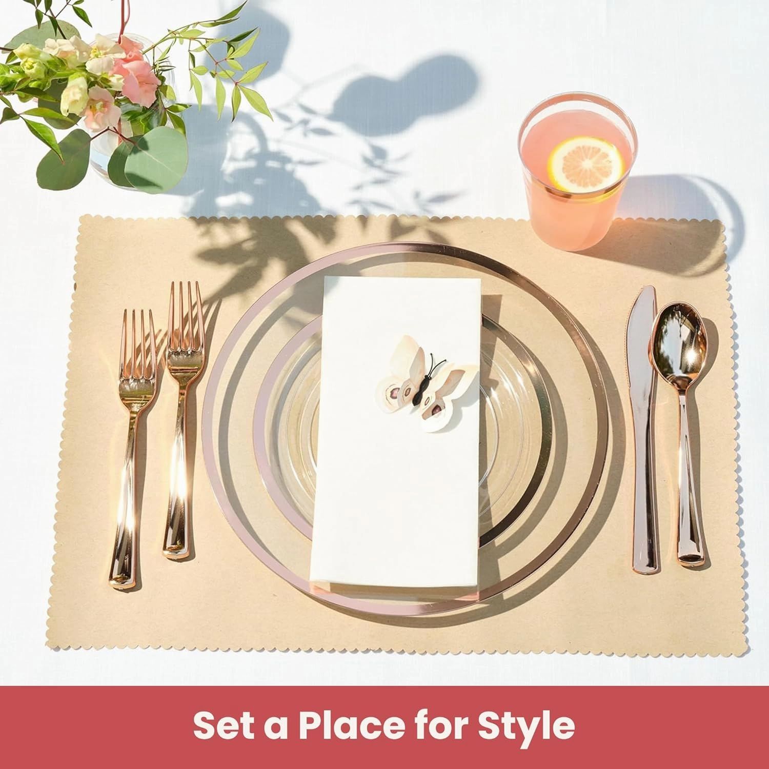 By Madee PREMIUM 100Pc Clear Rose Gold Party Plates for Party - 50 Dinner & Dessert Plates with Metallic Trim - Extra-Heavy 30% Thicker for Sturdy, Spill-Free Celebration (50 Guests)