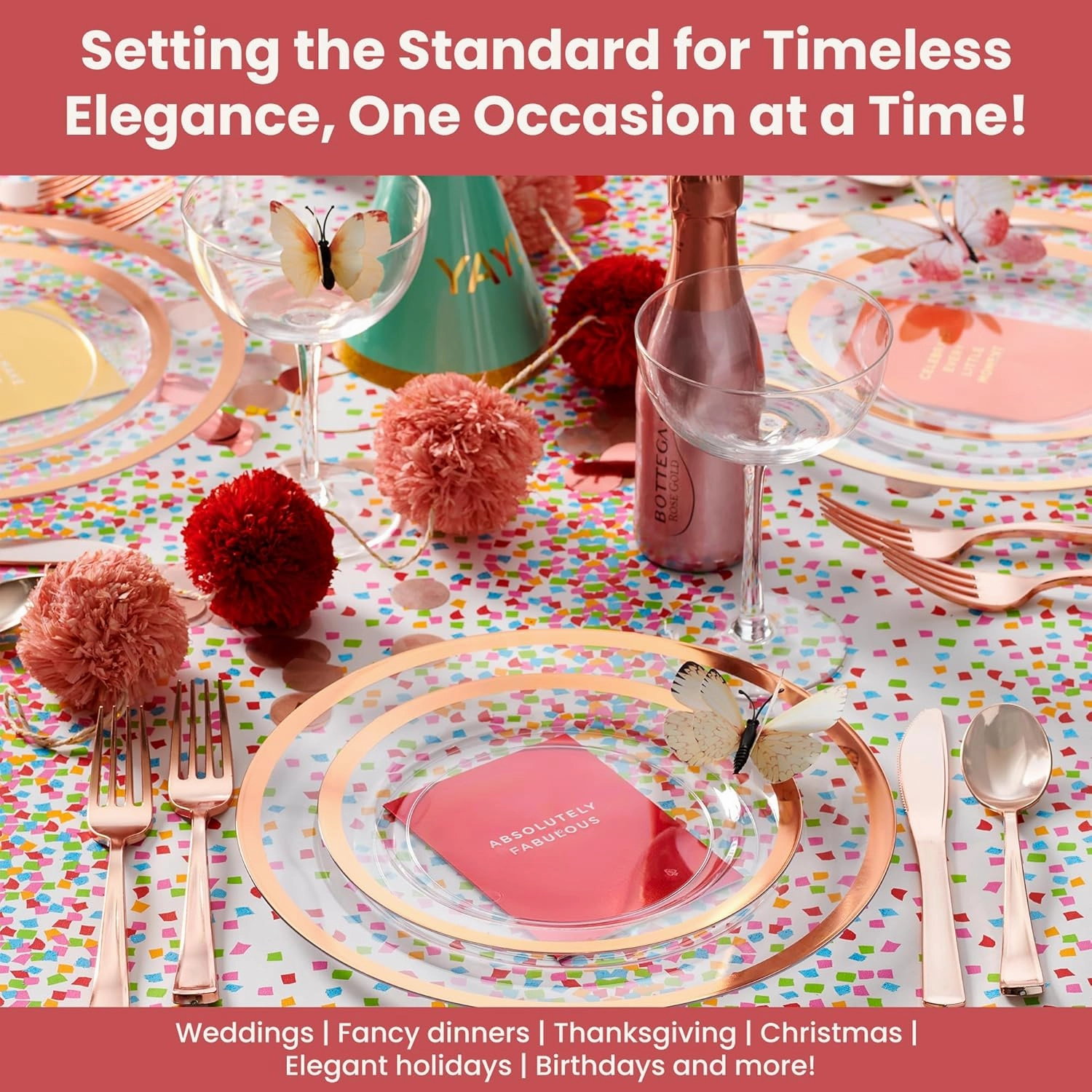 By Madee PREMIUM 100Pc Clear Rose Gold Party Plates for Party - 50 Dinner & Dessert Plates with Metallic Trim - Extra-Heavy 30% Thicker for Sturdy, Spill-Free Celebration (50 Guests)