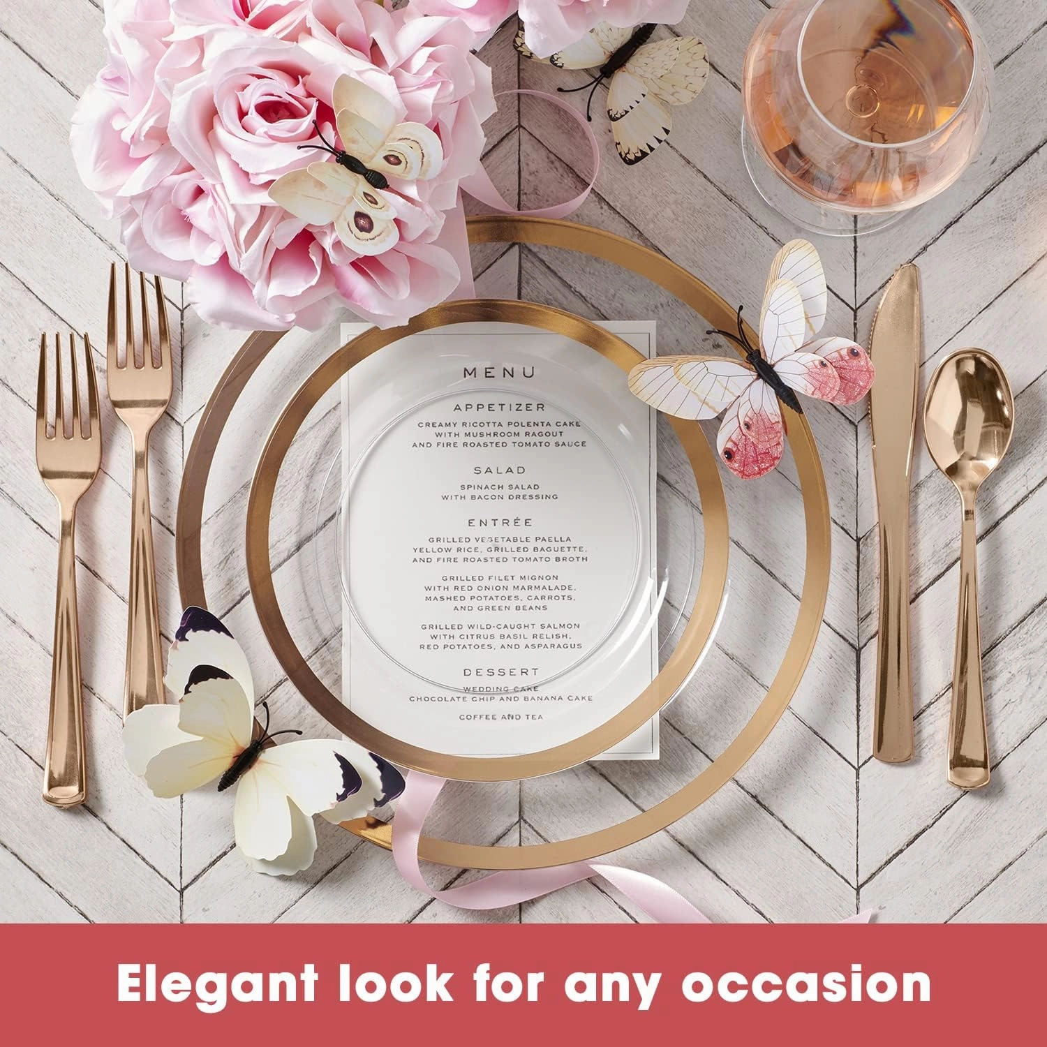 By Madee PREMIUM 100Pc Clear Rose Gold Party Plates for Party - 50 Dinner & Dessert Plates with Metallic Trim - Extra-Heavy 30% Thicker for Sturdy, Spill-Free Celebration (50 Guests)