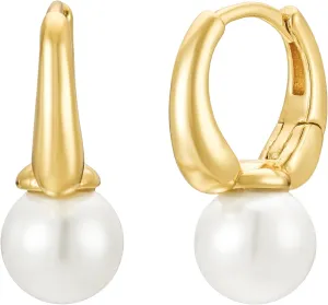 CAITLYNMINIMALIST 18K Gold Sterling Silver Small Statement Dangle Drop Fresh Water Pearl Hoop Earrings for Women Gift for Her