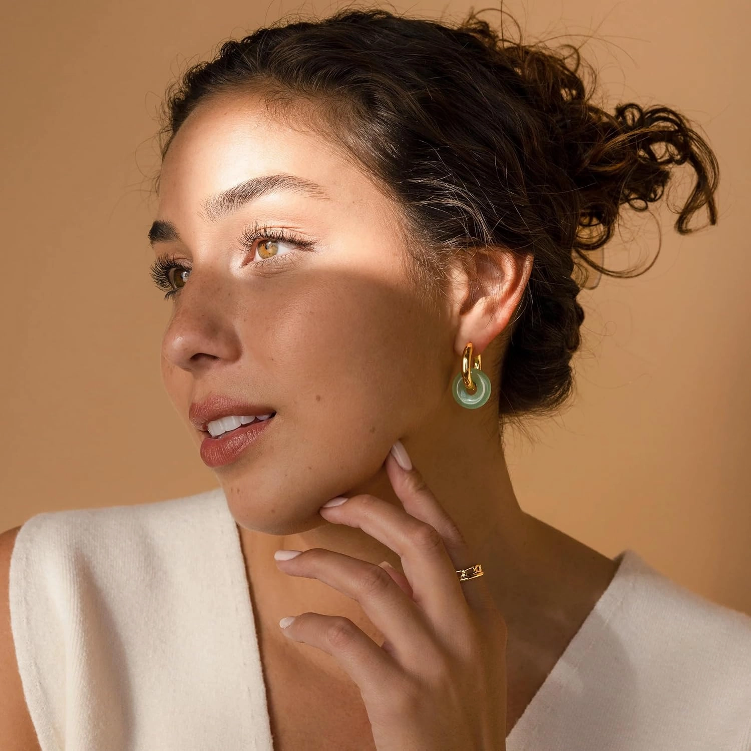 CAITLYNMINIMALIST Natural Jade Chunky 18K Gold Dangle Drop Bold Huggie Hoop Earrings for Women Gift for Her