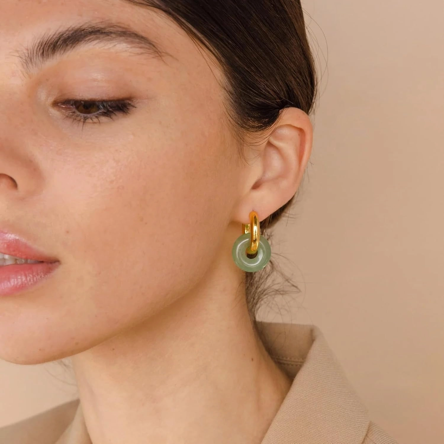 CAITLYNMINIMALIST Natural Jade Chunky 18K Gold Dangle Drop Bold Huggie Hoop Earrings for Women Gift for Her