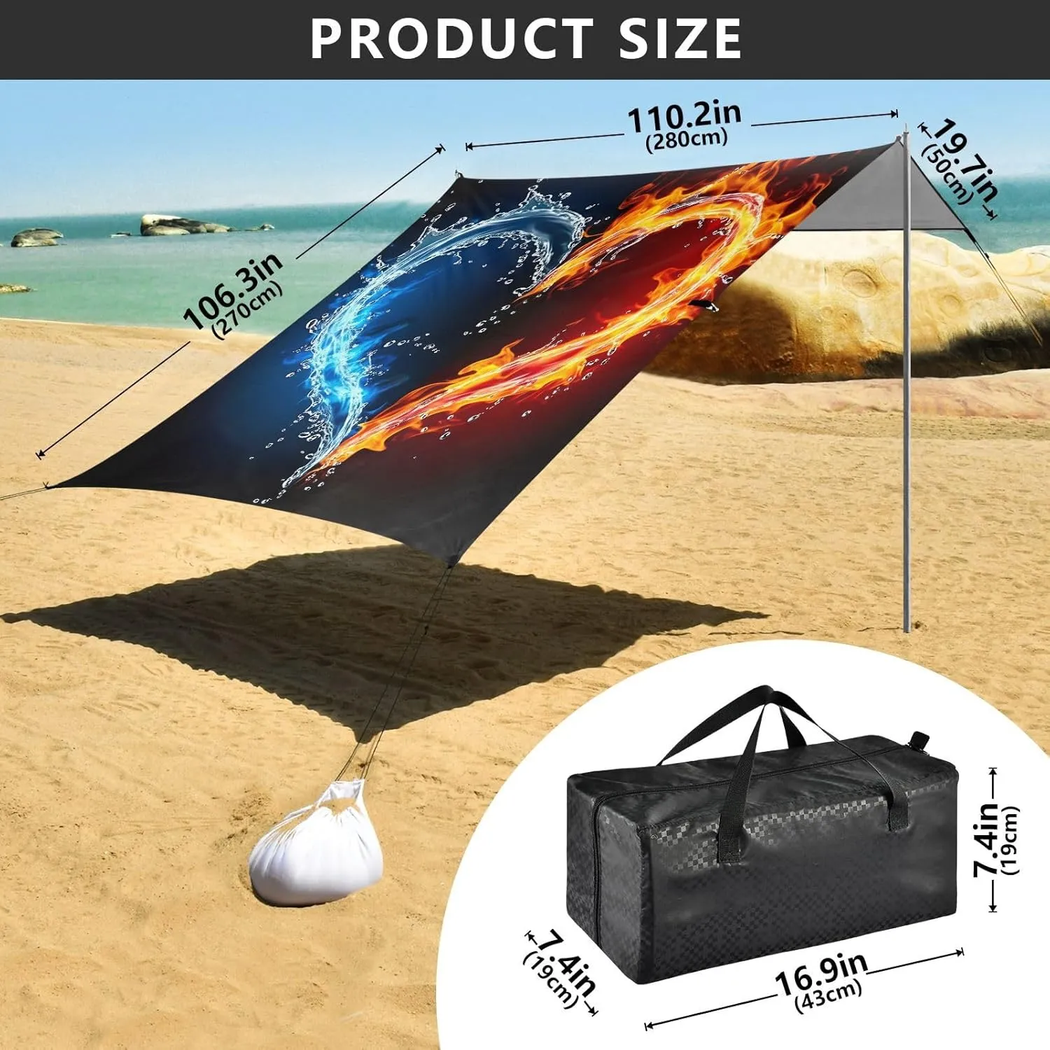 Canopy Tent Beach Outdoor Patio Sun Shade 9.2 × 10.5 FT Aesthetic Portable Camping Shelter Heart Water Fire Black Waterproof with Poles Sand Anchor