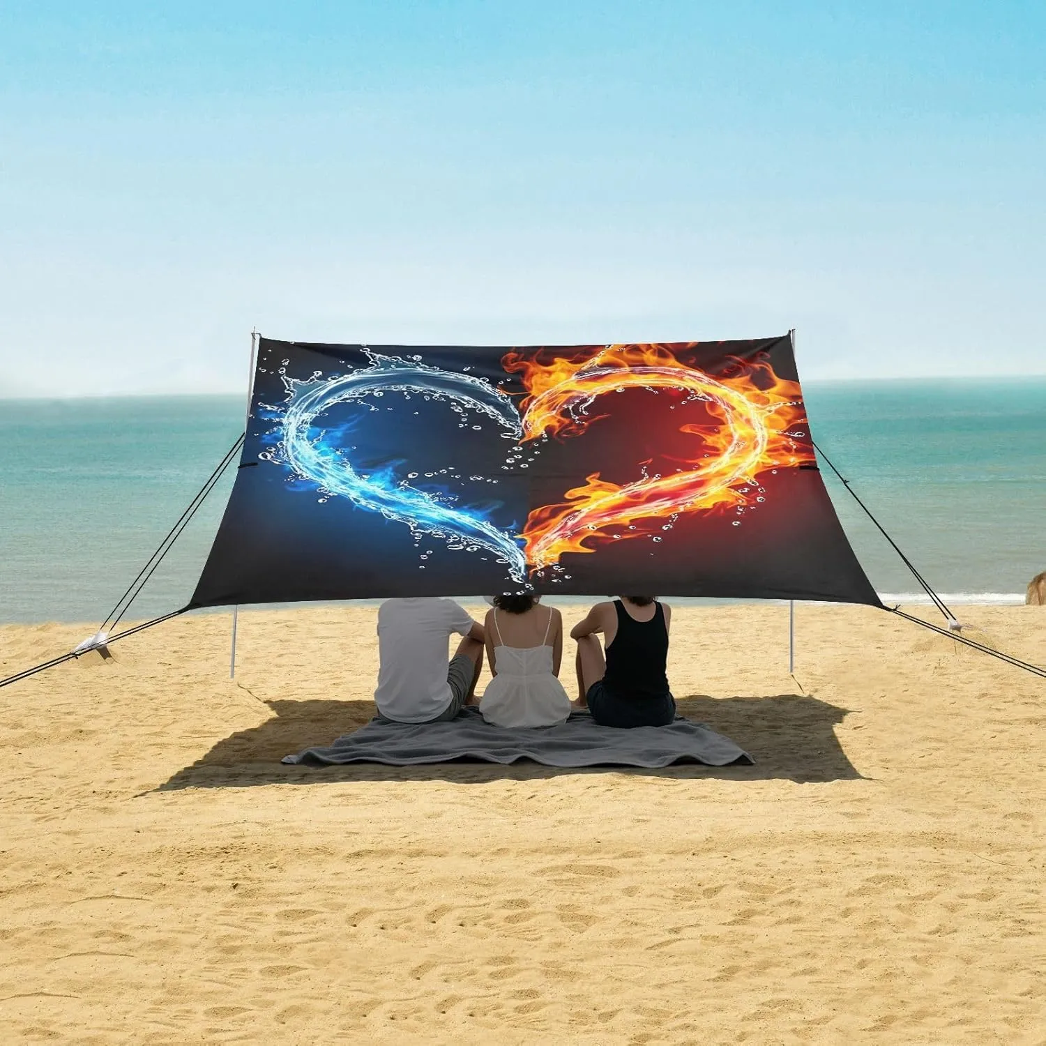 Canopy Tent Beach Outdoor Patio Sun Shade 9.2 × 10.5 FT Aesthetic Portable Camping Shelter Heart Water Fire Black Waterproof with Poles Sand Anchor