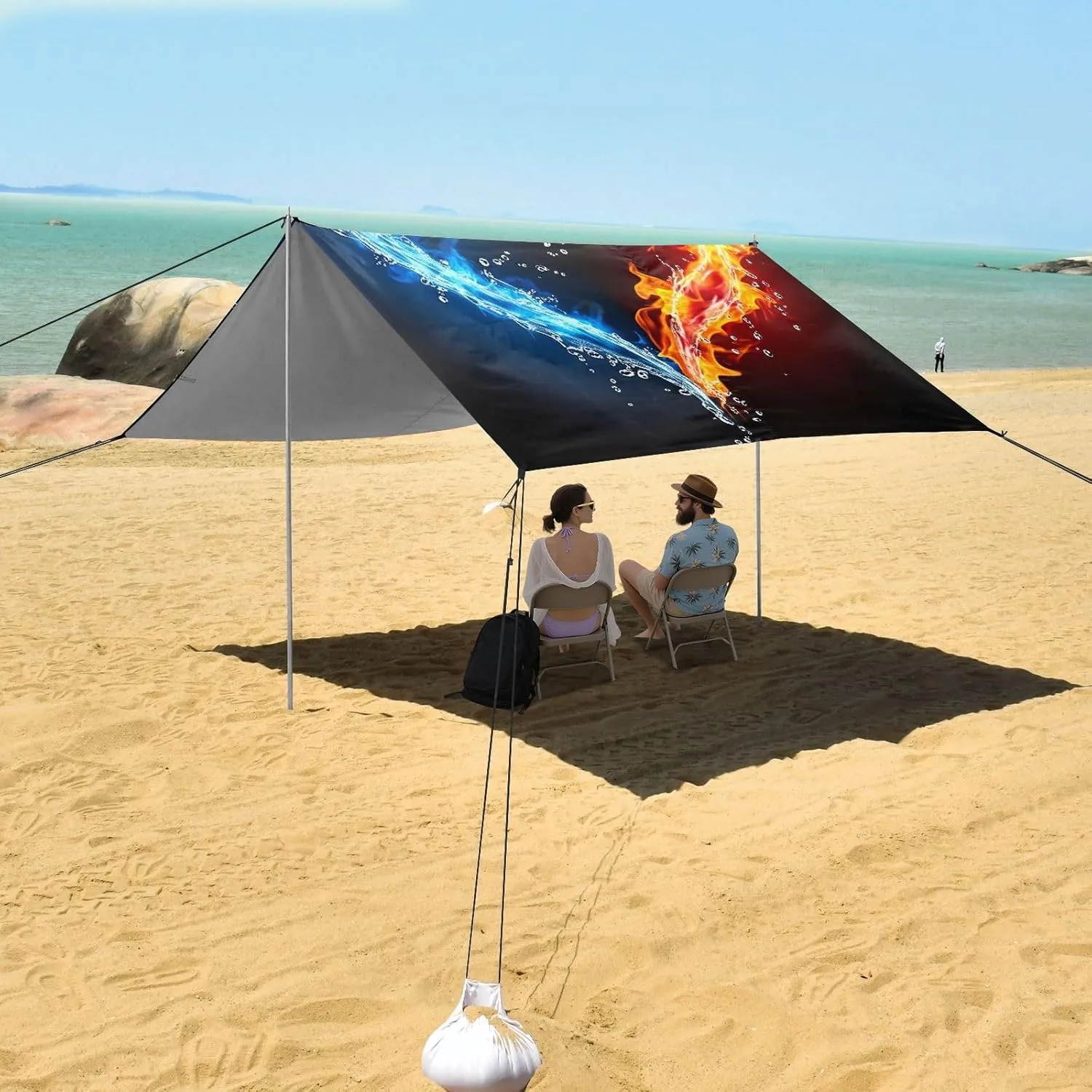 Canopy Tent Beach Outdoor Patio Sun Shade 9.2 × 10.5 FT Aesthetic Portable Camping Shelter Heart Water Fire Black Waterproof with Poles Sand Anchor