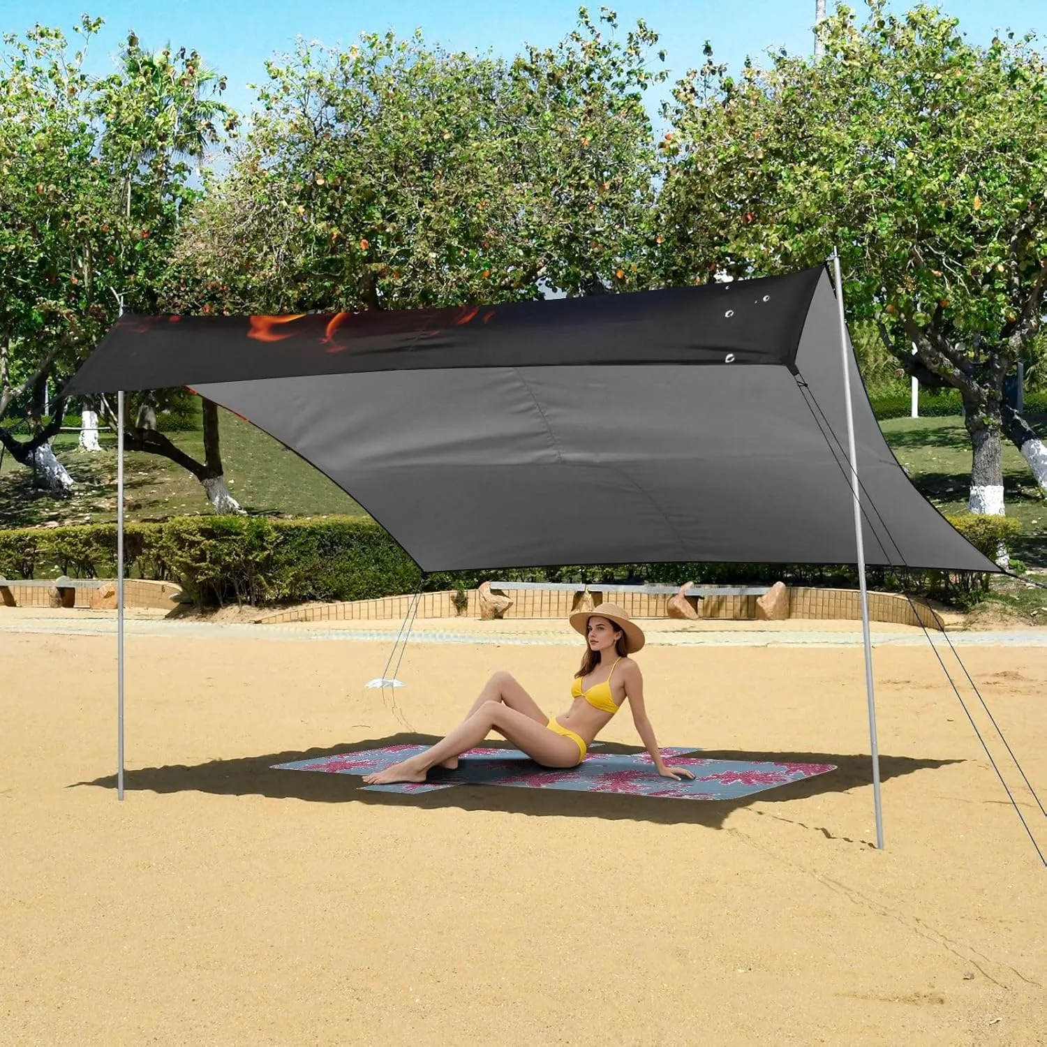 Canopy Tent Beach Outdoor Patio Sun Shade 9.2 × 10.5 FT Aesthetic Portable Camping Shelter Heart Water Fire Black Waterproof with Poles Sand Anchor
