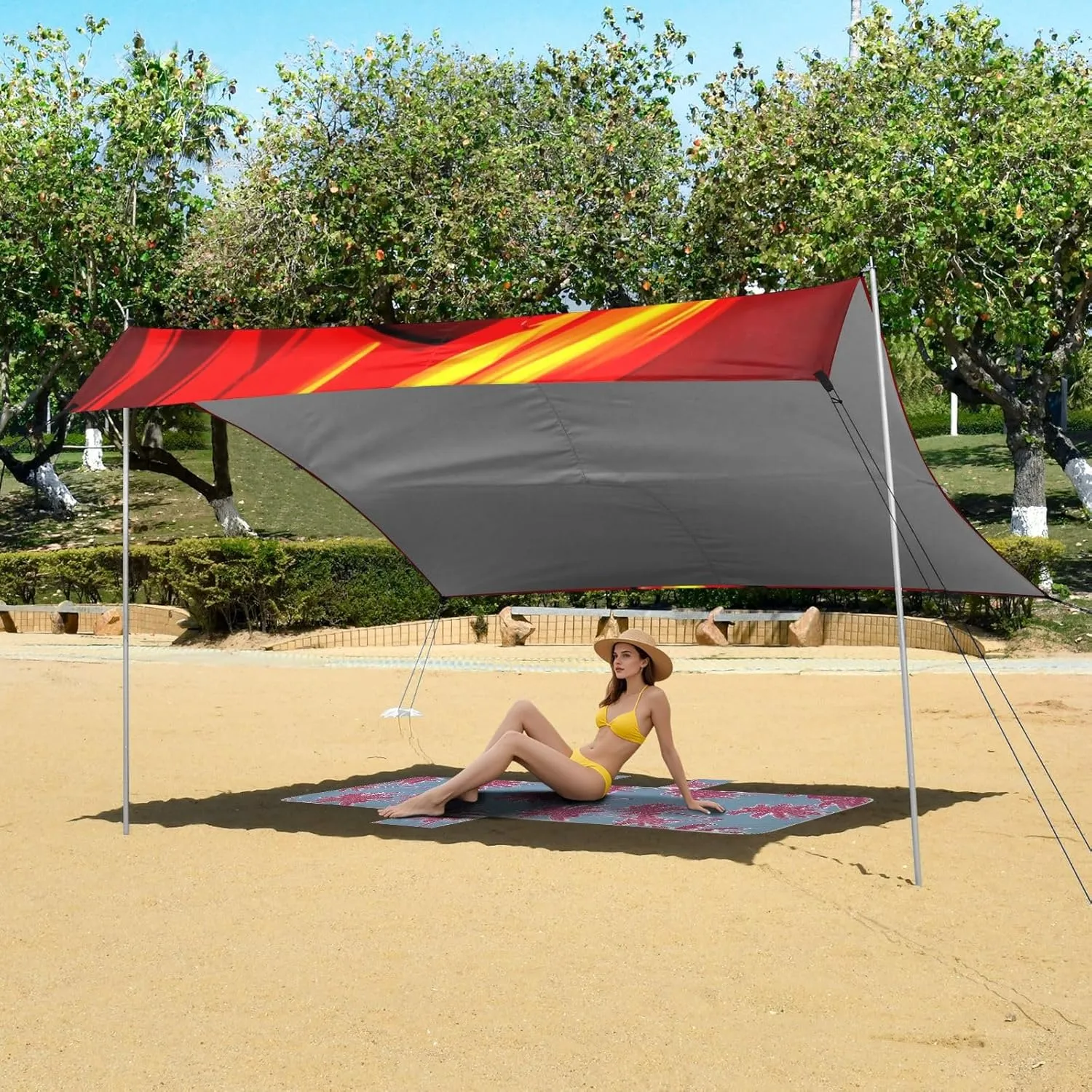 Canopy Tent Beach Patio Sun Shade Outdoor Decorative Camping Shelter Backyard with Sand Anchor Poles Wind Sail Shade 9.2 × 10.5 FT Cool Red Flame Skull