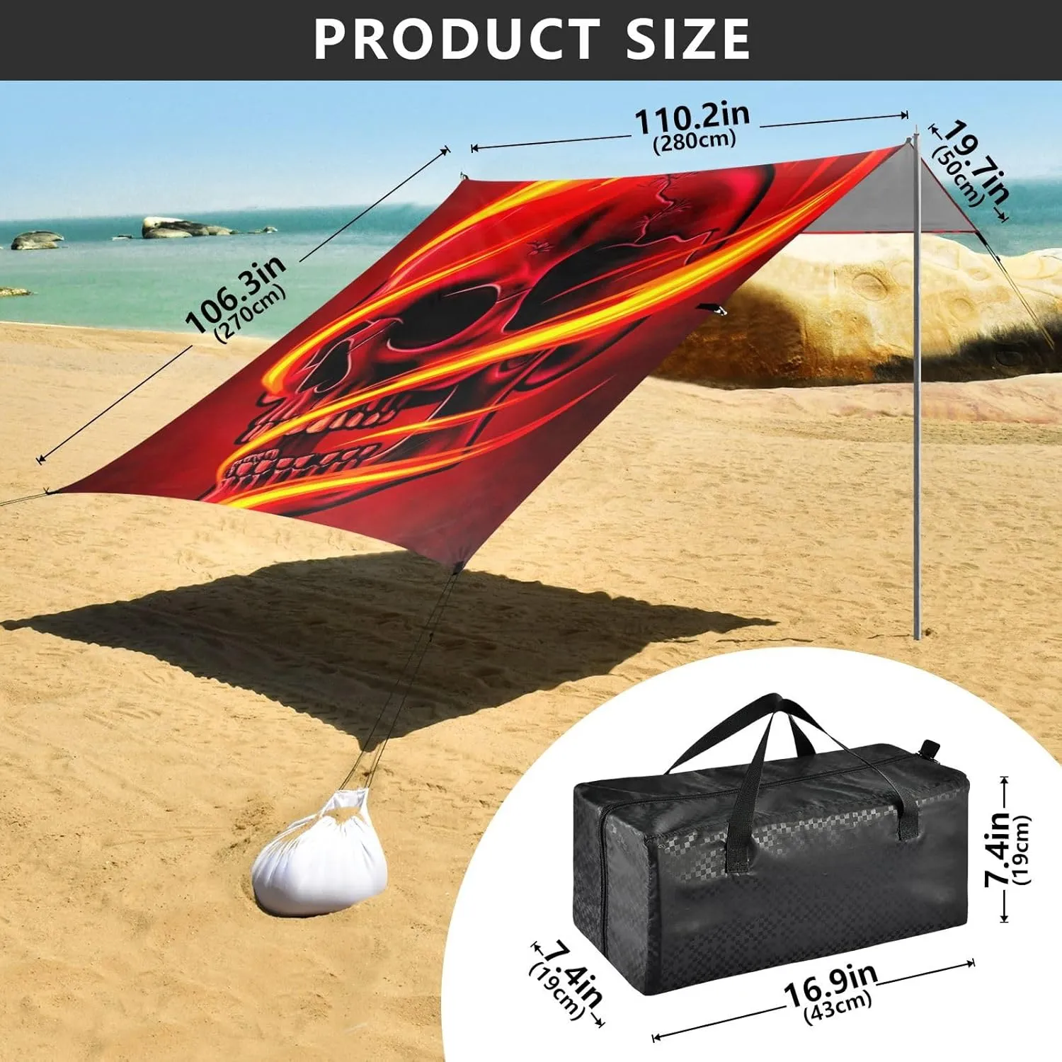Canopy Tent Beach Patio Sun Shade Outdoor Decorative Camping Shelter Backyard with Sand Anchor Poles Wind Sail Shade 9.2 × 10.5 FT Cool Red Flame Skull