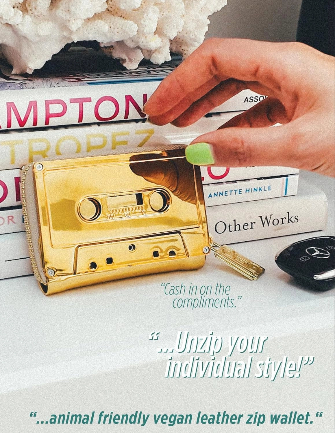 Cassette Tape Wallet | 80s Retro Fun Wallet for Women | Compact Credit Card Holder | Gold
