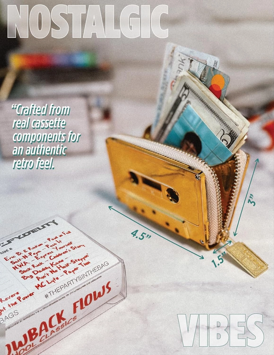 Cassette Tape Wallet | 80s Retro Fun Wallet for Women | Compact Credit Card Holder | Gold