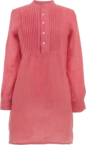 Chambray Pleated Linen Pink Tunic, E X Tra Small/Small Feet, Pink Solid Pattern