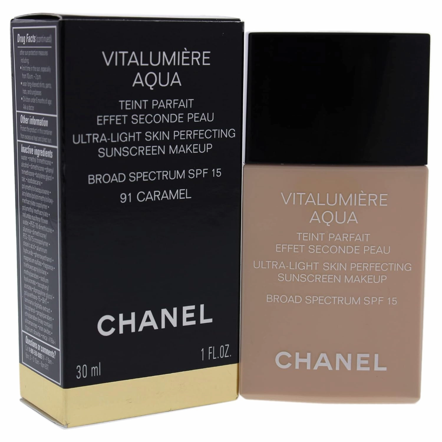 Chanel Vitalumiere Aqua Ultra Light Skin Perfecting Make Up SPF 15-91 Caramel Women Foundation 1 oz