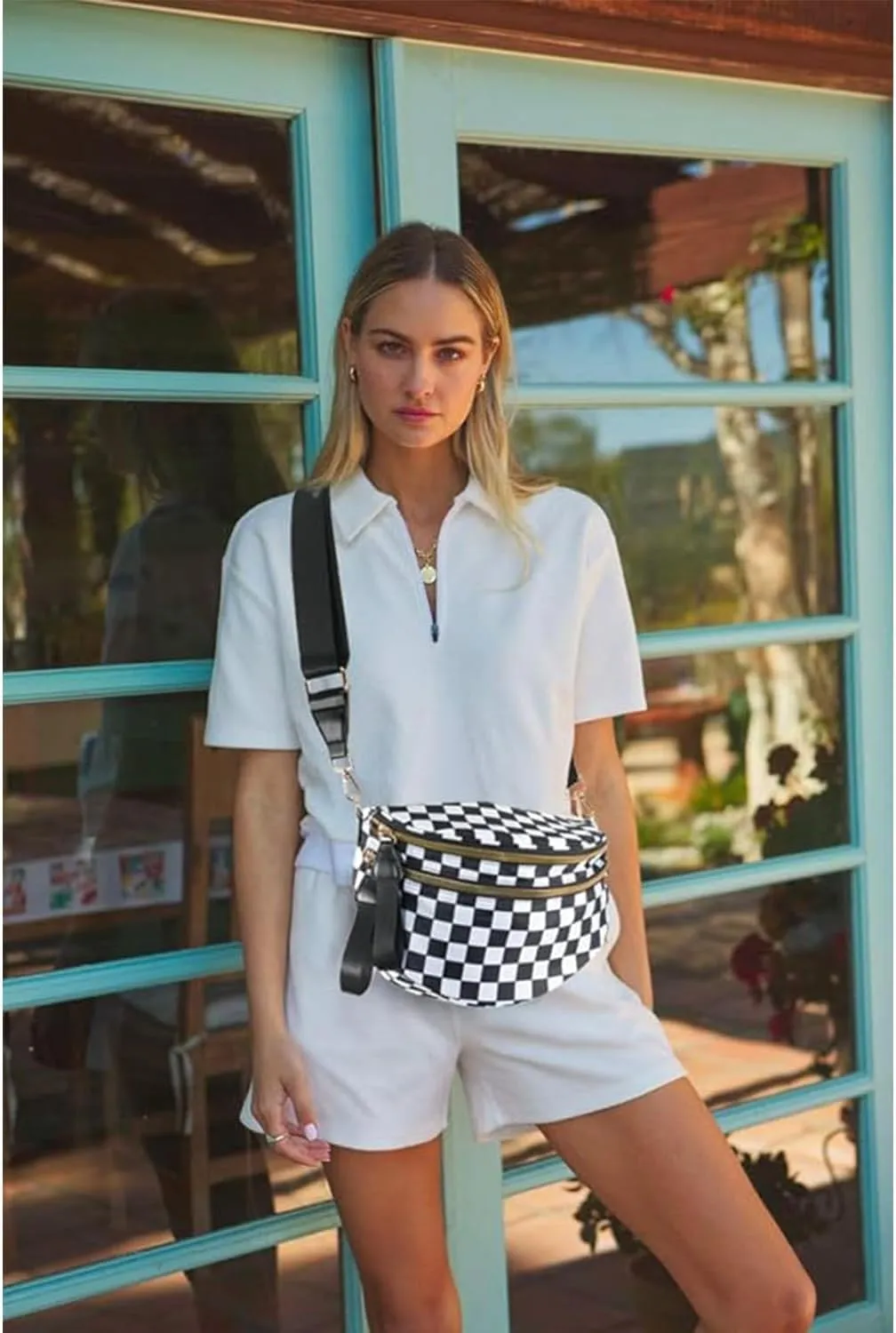 Checkered Crossbody Bum Bag for Women Nylon Checkereds Crossbody Bag Spacious Checkered Purse Bum Bag (Pink-A)