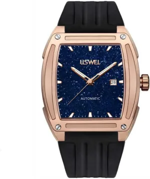 Chronos Heritage Men's Automatic Mechanical Watch - Square Stainless Steel Case, Blue Starry Dial, Date Window, Black Rubber Strap - Dress &Casual Watch for Men