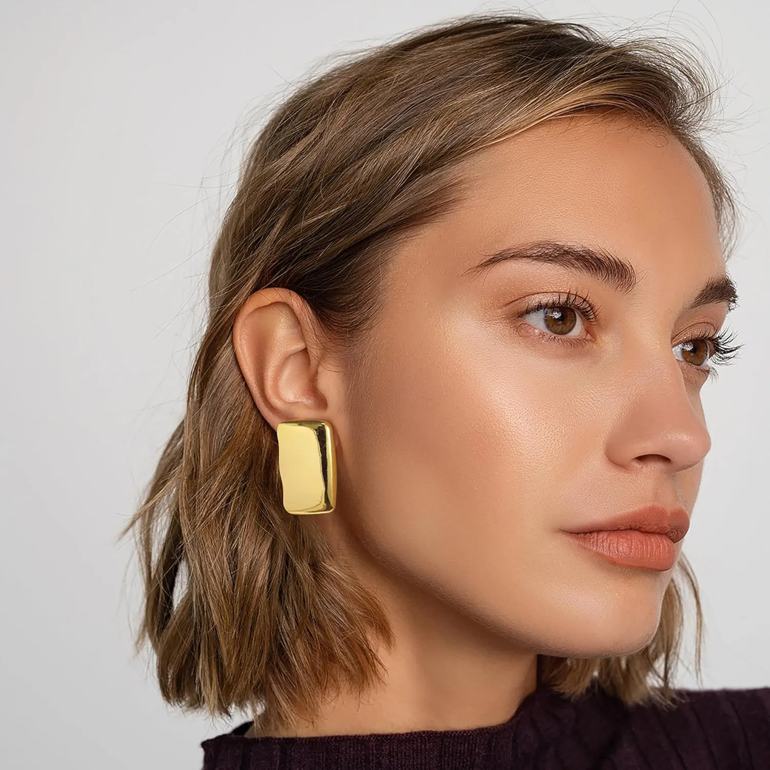 Chunky Gold Earrings - Trendy Drop Studs in Thick Oval, Geometric, Bow, Circle, Rectangle Shapes - Large Gold Earrings for Women's Jewelry Gifts