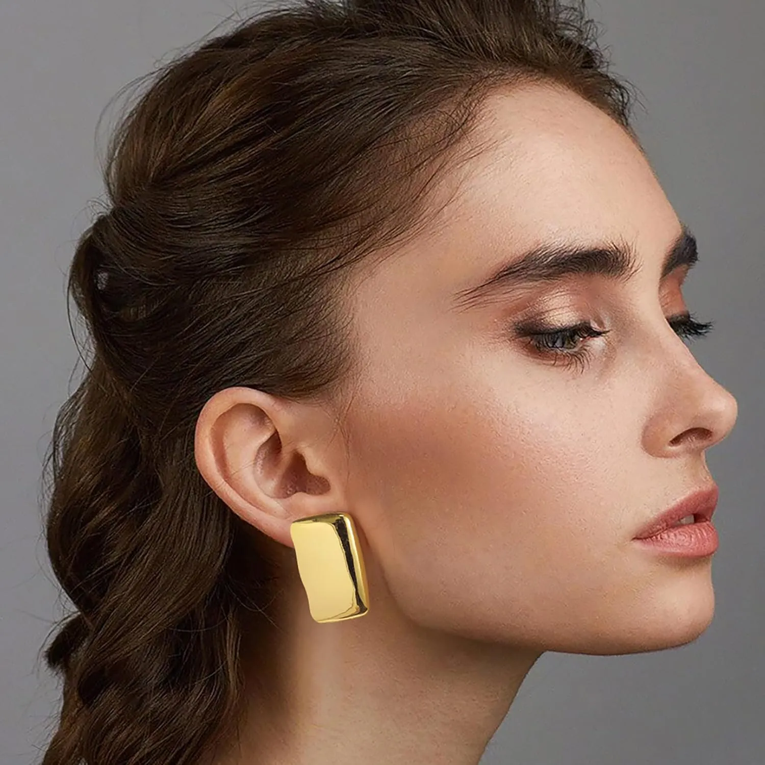 Chunky Gold Earrings - Trendy Drop Studs in Thick Oval, Geometric, Bow, Circle, Rectangle Shapes - Large Gold Earrings for Women's Jewelry Gifts