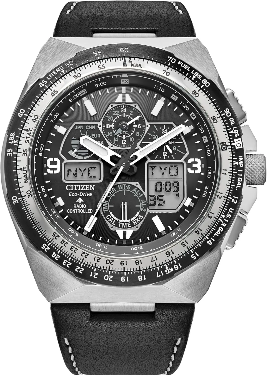 Citizen Men's Eco-Drive Promaster Skyhawk A-T Watch, Black Dial, Black Leather Strap, Atomic Timekeeping (Model: JY8149-05E)