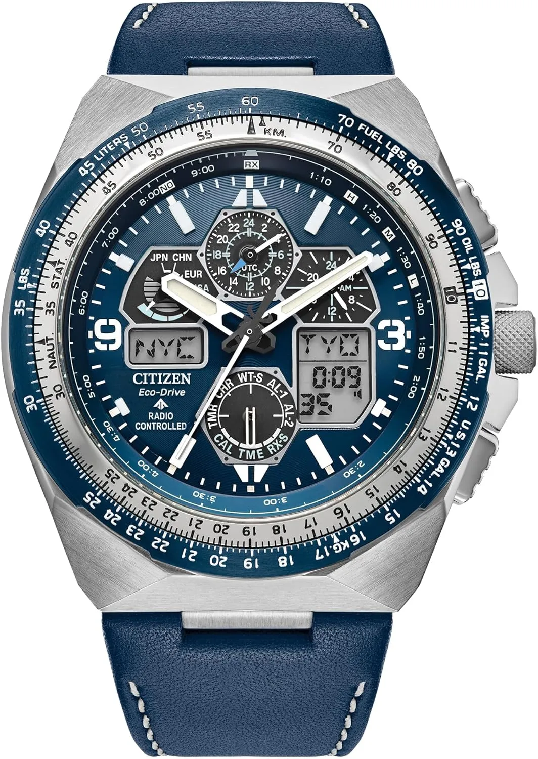 Citizen Men's Eco-Drive Promaster Skyhawk A-T Watch, Blue Dial, Blue Leather Strap, Atomic Timekeeping (Model: JY8148-08L)
