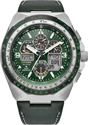 Citizen Men's Eco-Drive Promaster Skyhawk A-T Watch, Green Dial, Green Leather Strap, Atomic Timekeeping (Model: JY8147-01X)