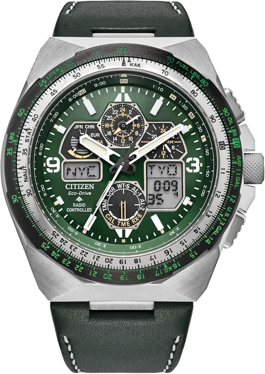 Citizen Men's Eco-Drive Promaster Skyhawk A-T Watch, Green Dial, Green Leather Strap, Atomic Timekeeping (Model: JY8147-01X)