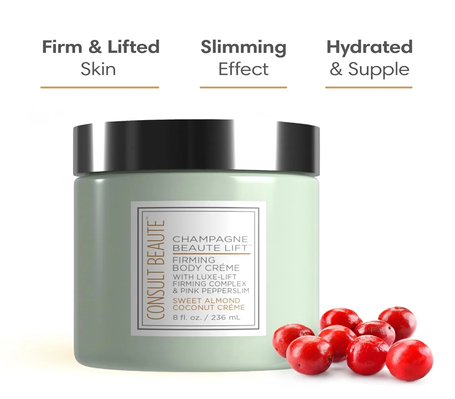 Consult Beaute Champagne Firming Body Cream with Pink Pepperslim - For Tighter, Smoother & Toned Arms Legs Stomach - For Dry, Crepey Skin & Cellulite - Moisturizer - Sweet Almond & Coconut - 8 Fl. Oz.