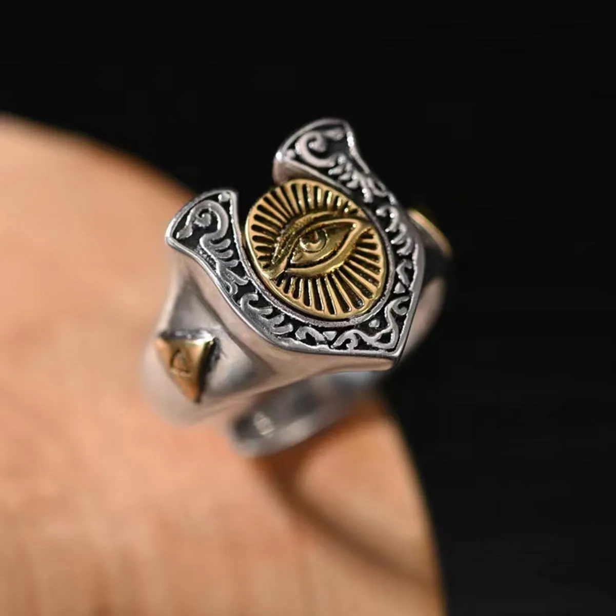 Cool Carved Vintage Eye of God Ring for Men Retro Two Tone Gold Silver Stainless Steel Ring Biker Punk Illuminati Ring All Seeing Eye Ring Goth Priate Biker Jewelry