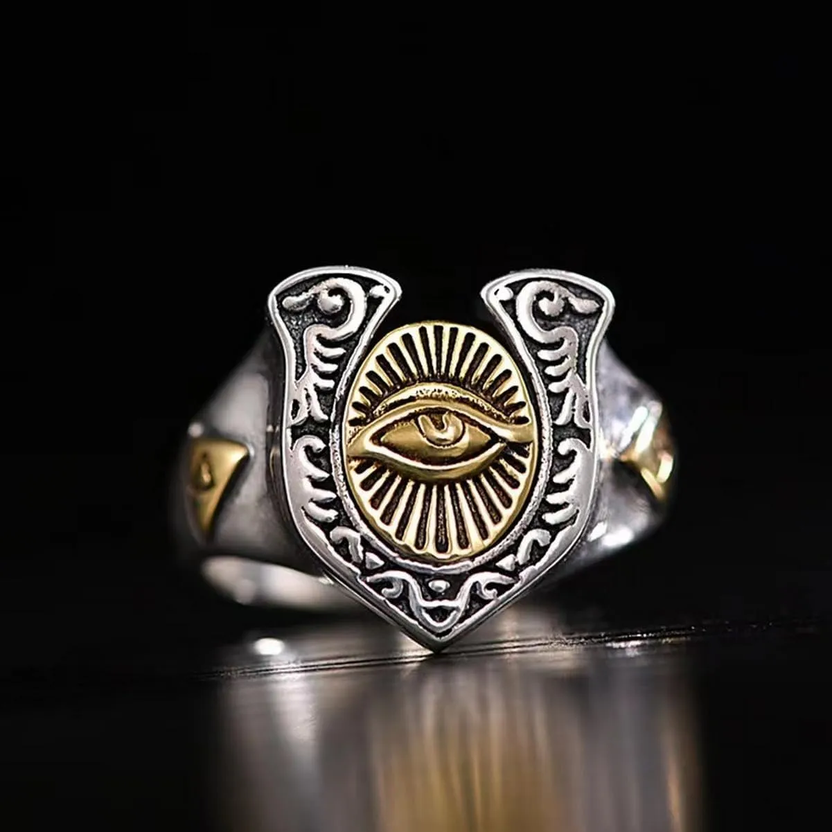 Cool Carved Vintage Eye of God Ring for Men Retro Two Tone Gold Silver Stainless Steel Ring Biker Punk Illuminati Ring All Seeing Eye Ring Goth Priate Biker Jewelry