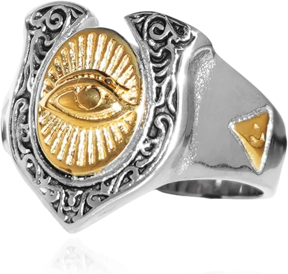 Cool Carved Vintage Eye of God Ring for Men Retro Two Tone Gold Silver Stainless Steel Ring Biker Punk Illuminati Ring All Seeing Eye Ring Goth Priate Biker Jewelry