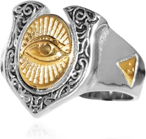 Cool Carved Vintage Eye of God Ring for Men Retro Two Tone Gold Silver Stainless Steel Ring Biker Punk Illuminati Ring All Seeing Eye Ring Goth Priate Biker Jewelry