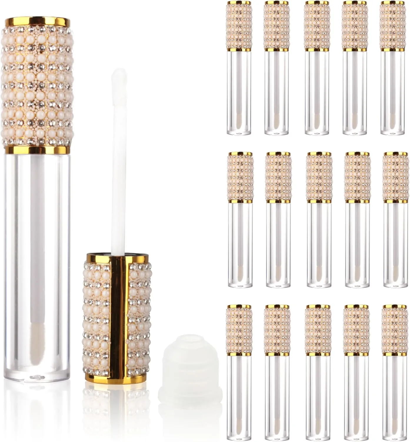 COSIDEA 15pcs Round Empty 5ml 0.17oz Gold lip gloss tubes with wand pearl Lipgloss tube containers for lip oil packing