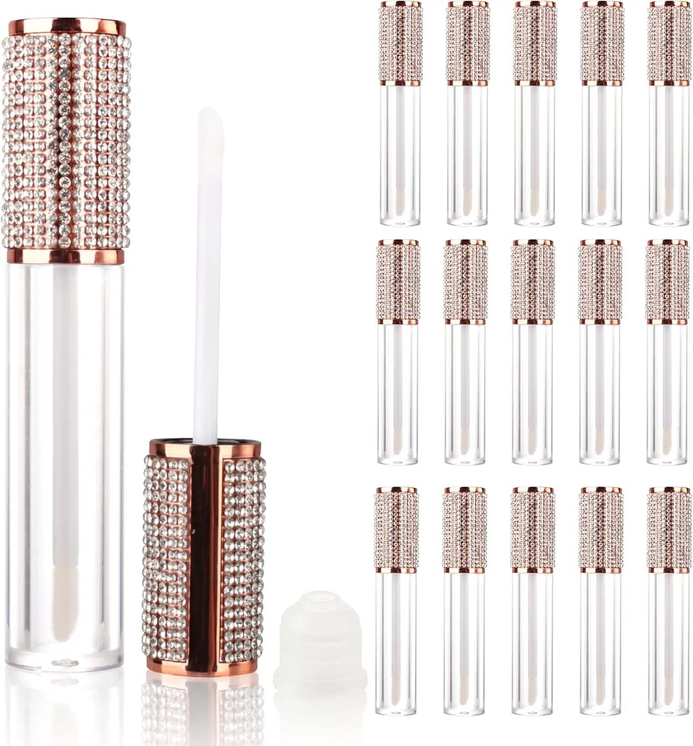 COSIDEA 15pcs Round Empty 5ml 0.17oz Rose Gold lip gloss tubes with wand diamond Lipgloss tube containers for lip oil packing