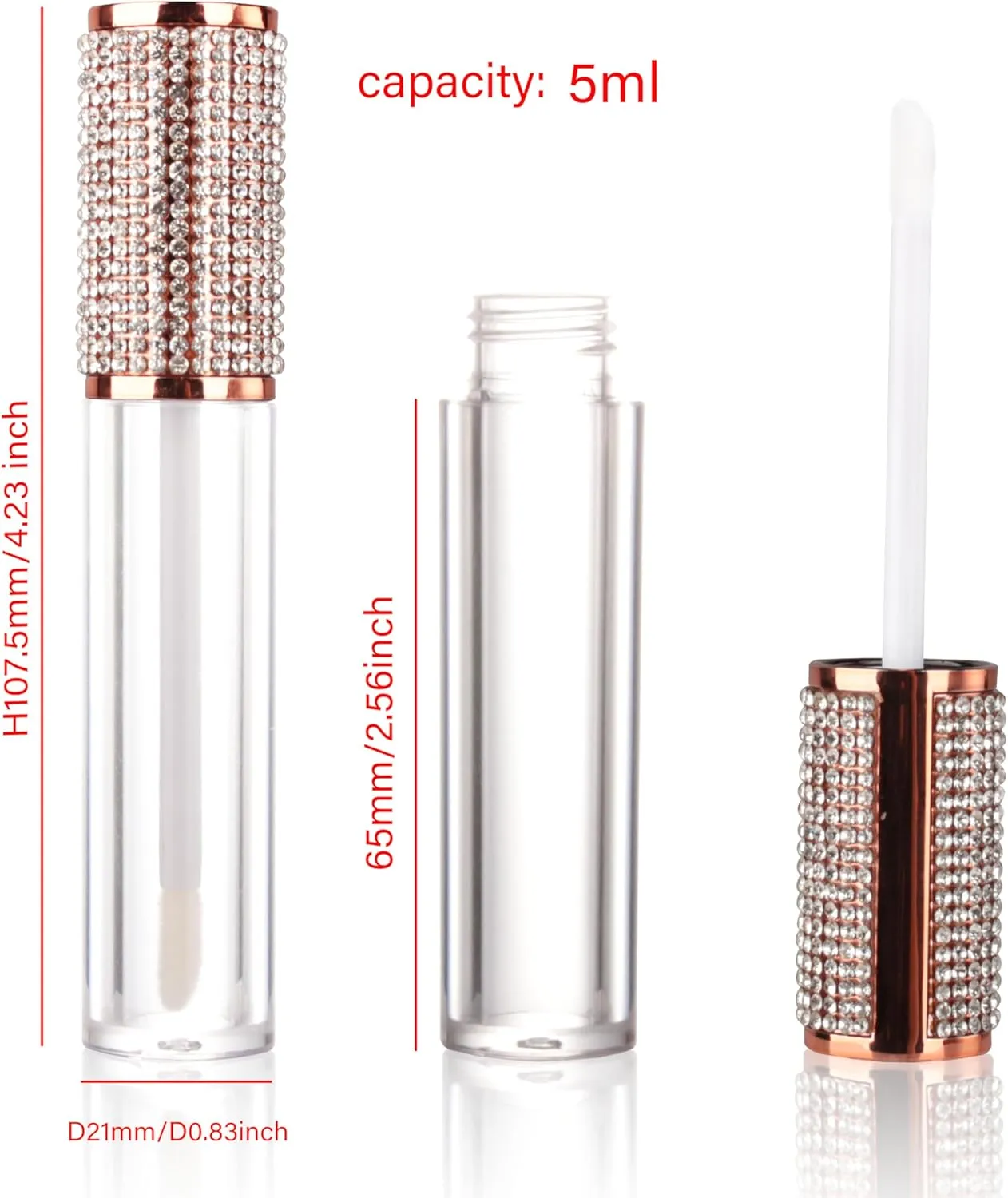 COSIDEA 15pcs Round Empty 5ml 0.17oz Rose Gold lip gloss tubes with wand diamond Lipgloss tube containers for lip oil packing