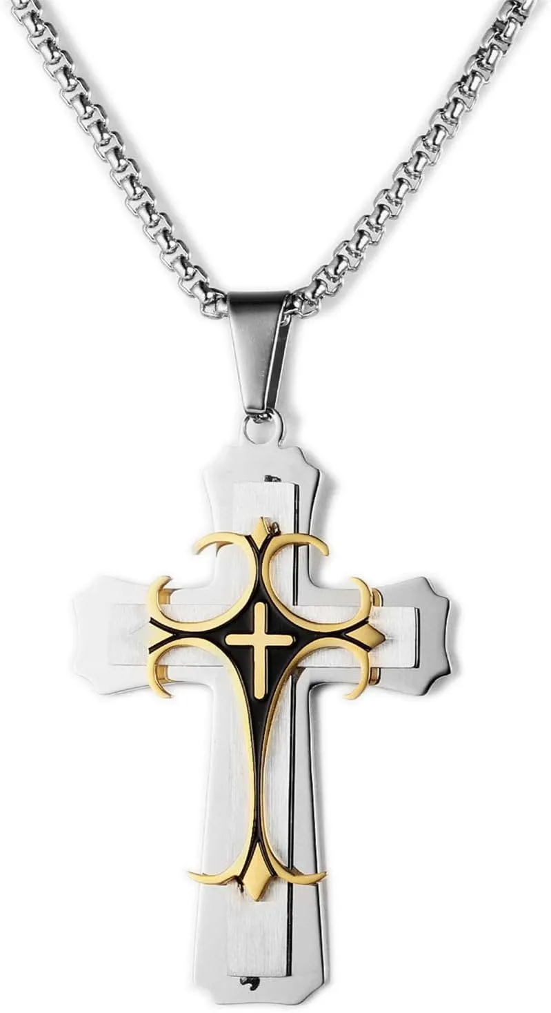 Cross Necklace for Men Gothic Chrome Hearts Stainless Steel Cross Pendant Necklace for Men Cool Punk Crucifix Christian Necklace for Men
