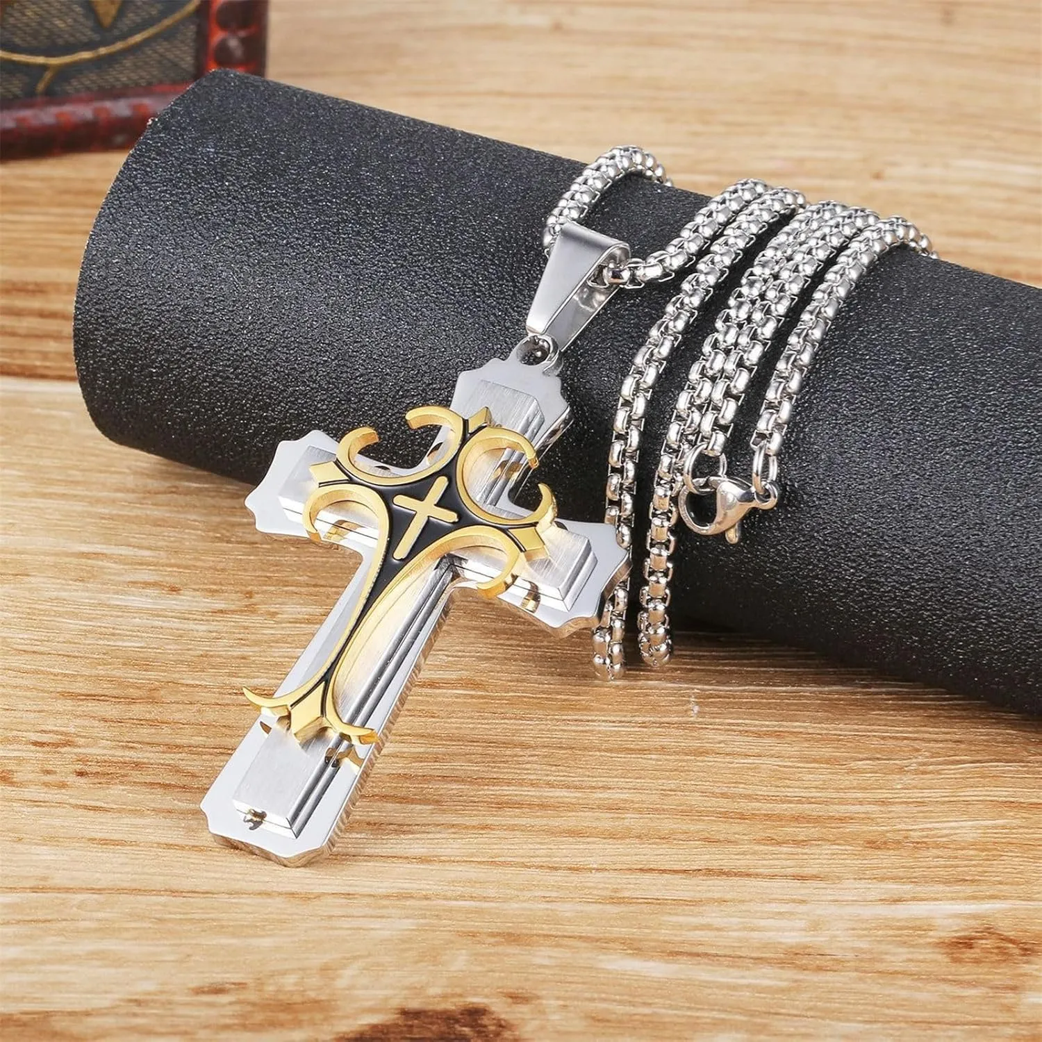 Cross Necklace for Men Gothic Chrome Hearts Stainless Steel Cross Pendant Necklace for Men Cool Punk Crucifix Christian Necklace for Men