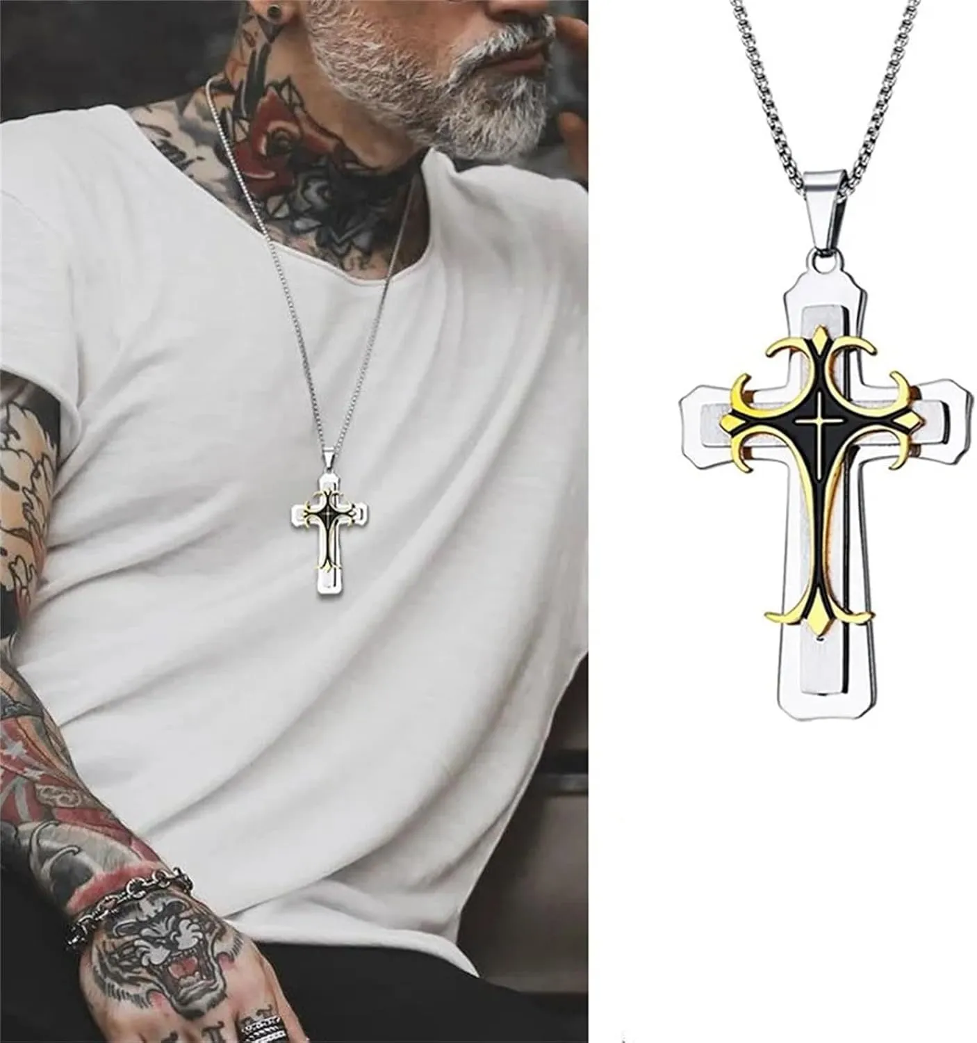 Cross Necklace for Men Gothic Chrome Hearts Stainless Steel Cross Pendant Necklace for Men Cool Punk Crucifix Christian Necklace for Men