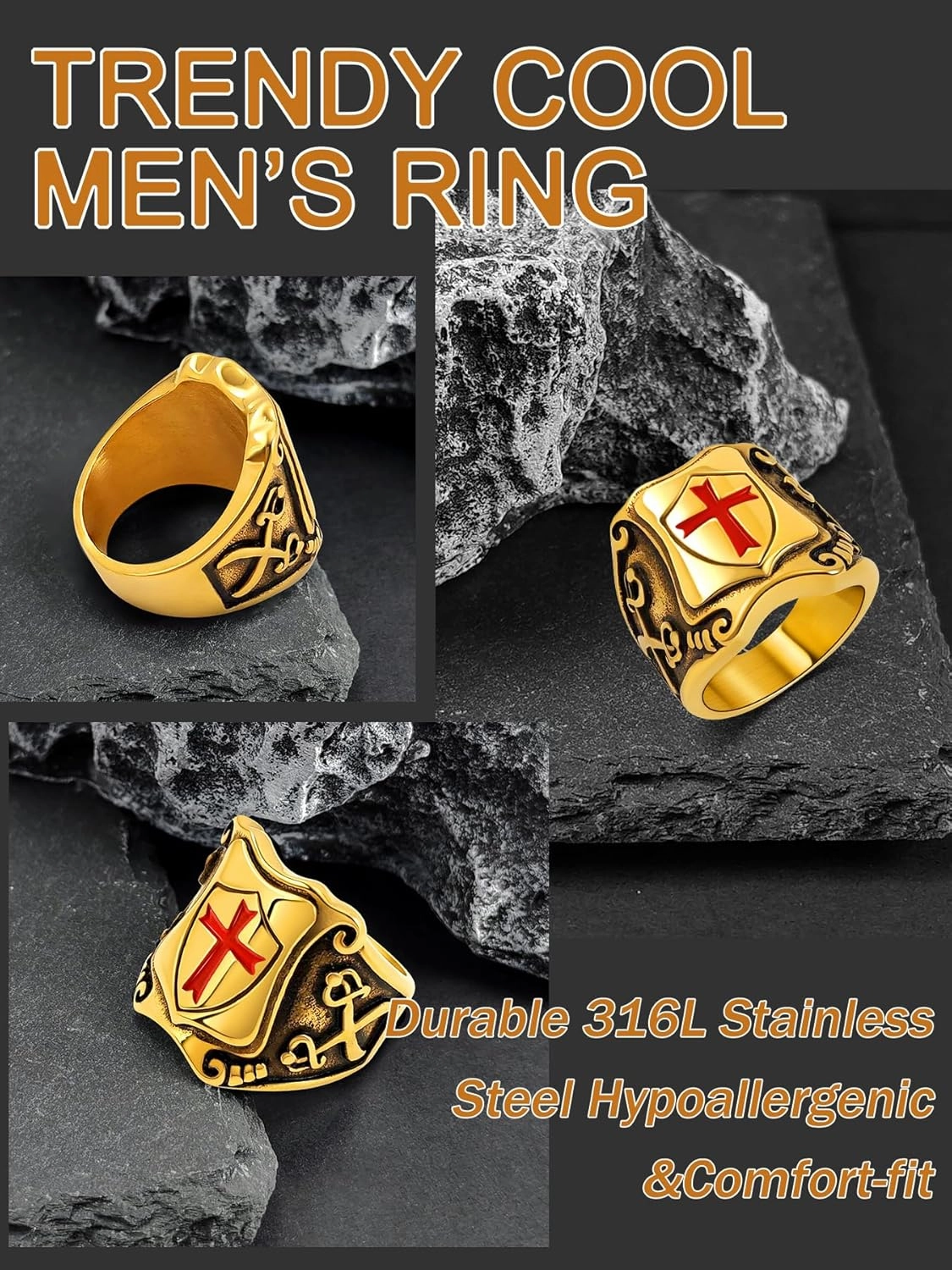 Cross Ring for Men Stainless Steel Celtic Knot Ring, 18K Gold/Black Metal, Retro Religious Chrisitan Cross Ring Norse Viking Battle Axe Cross Ring, Size 7-13, with Gift Box