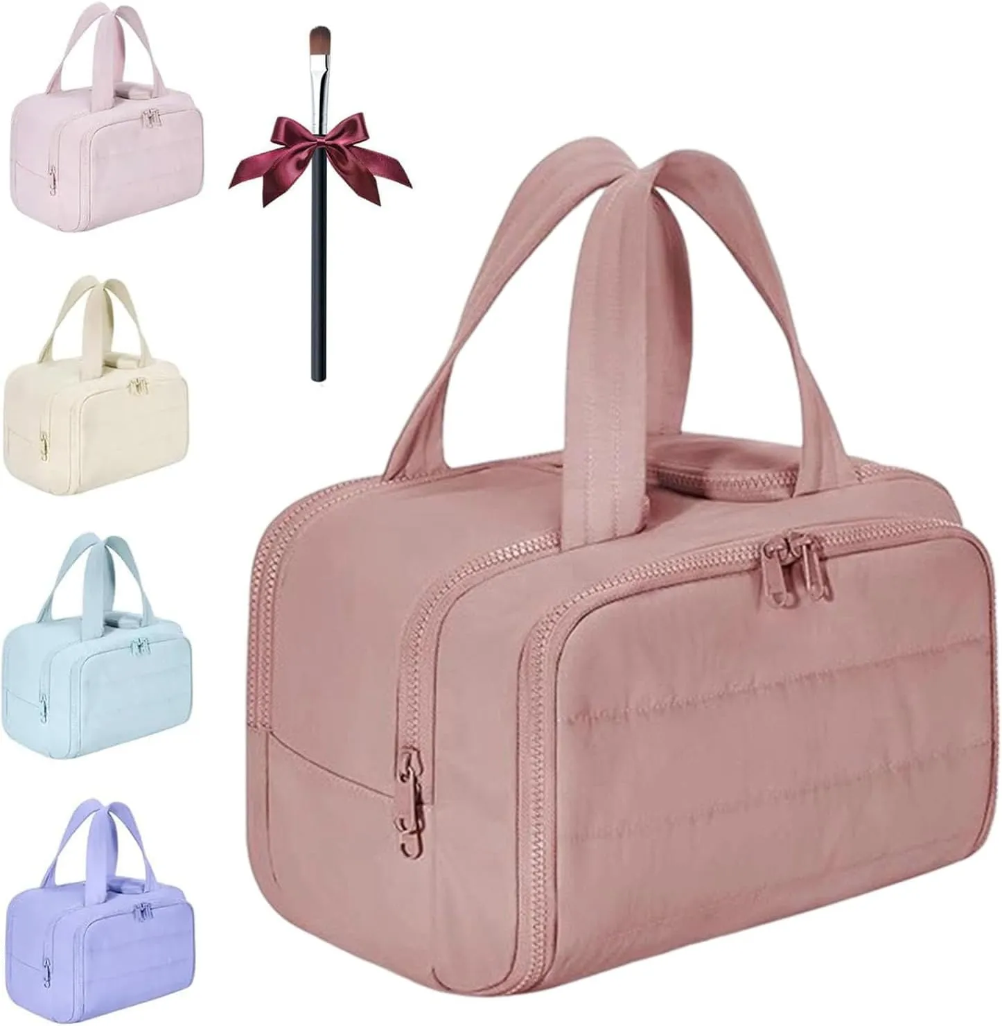 Cureaway Travel Cosmetic Bag, Large Capacity Wide-Open Travel Cosmetic Bag, Waterproof Portable Pouch with 4 Compartments, Toiletry Bags for Women (Dark Pink)