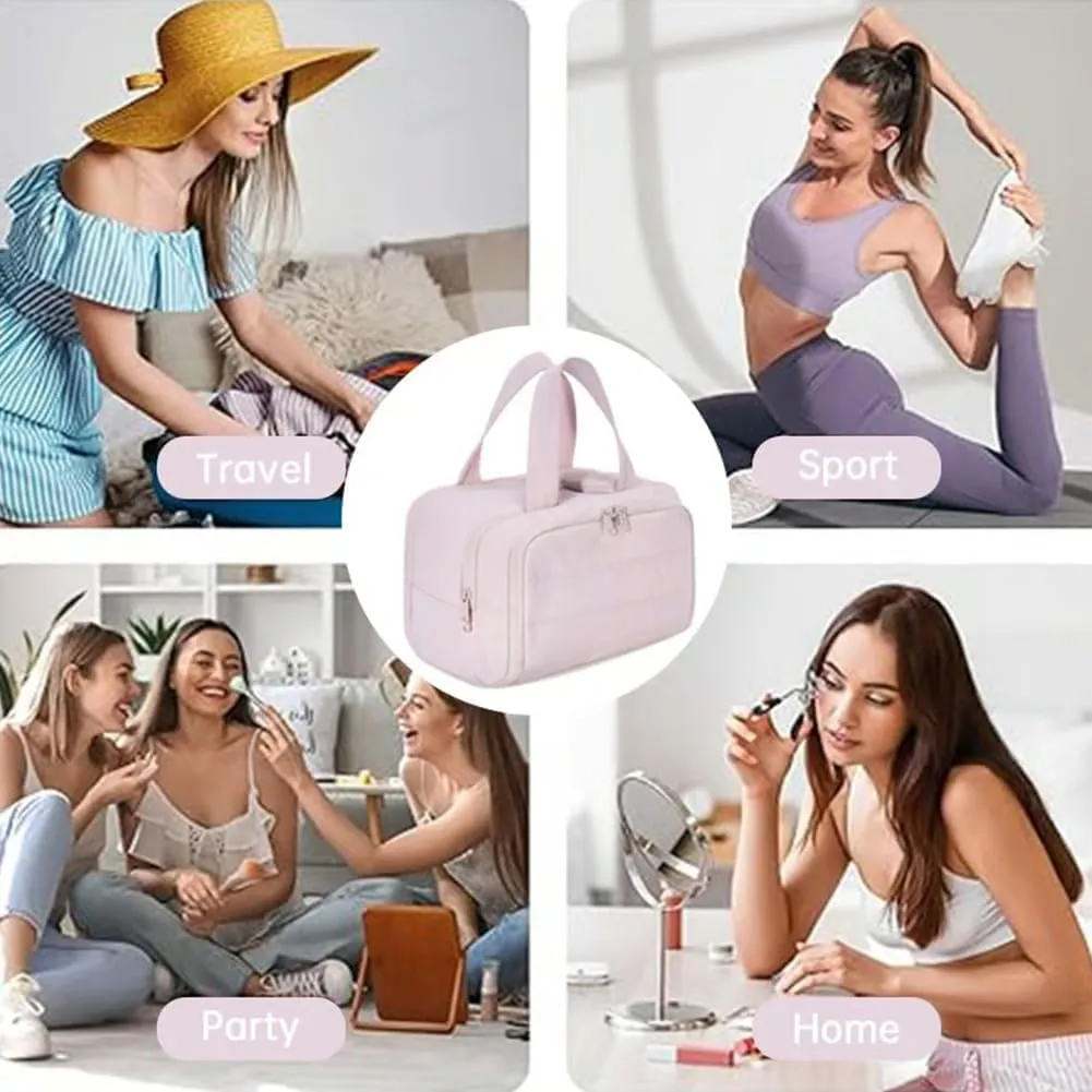 Cureaway Travel Cosmetic Bag, Large Capacity Wide-Open Travel Cosmetic Bag, Waterproof Portable Pouch with 4 Compartments, Toiletry Bags for Women (Dark Pink)