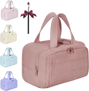 Cureaway Travel Cosmetic Bag, Large Capacity Wide-Open Travel Cosmetic Bag, Waterproof Portable Pouch with 4 Compartments, Toiletry Bags for Women (Dark Pink)