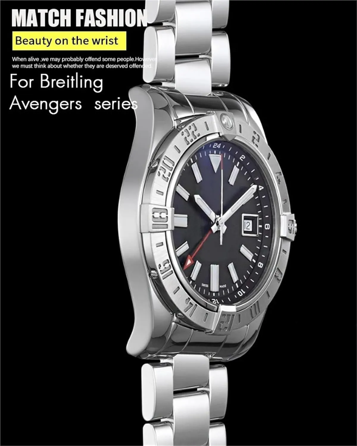 Curved End 22mm Stainless Steel Solid Watchband，For Breitling Avenger Silver Watch Strap Bracelets