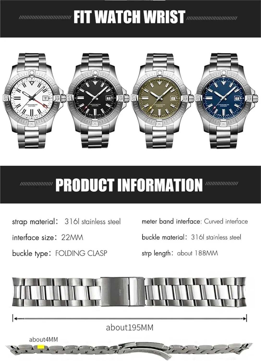 Curved End 22mm Stainless Steel Solid Watchband，For Breitling Avenger Silver Watch Strap Bracelets