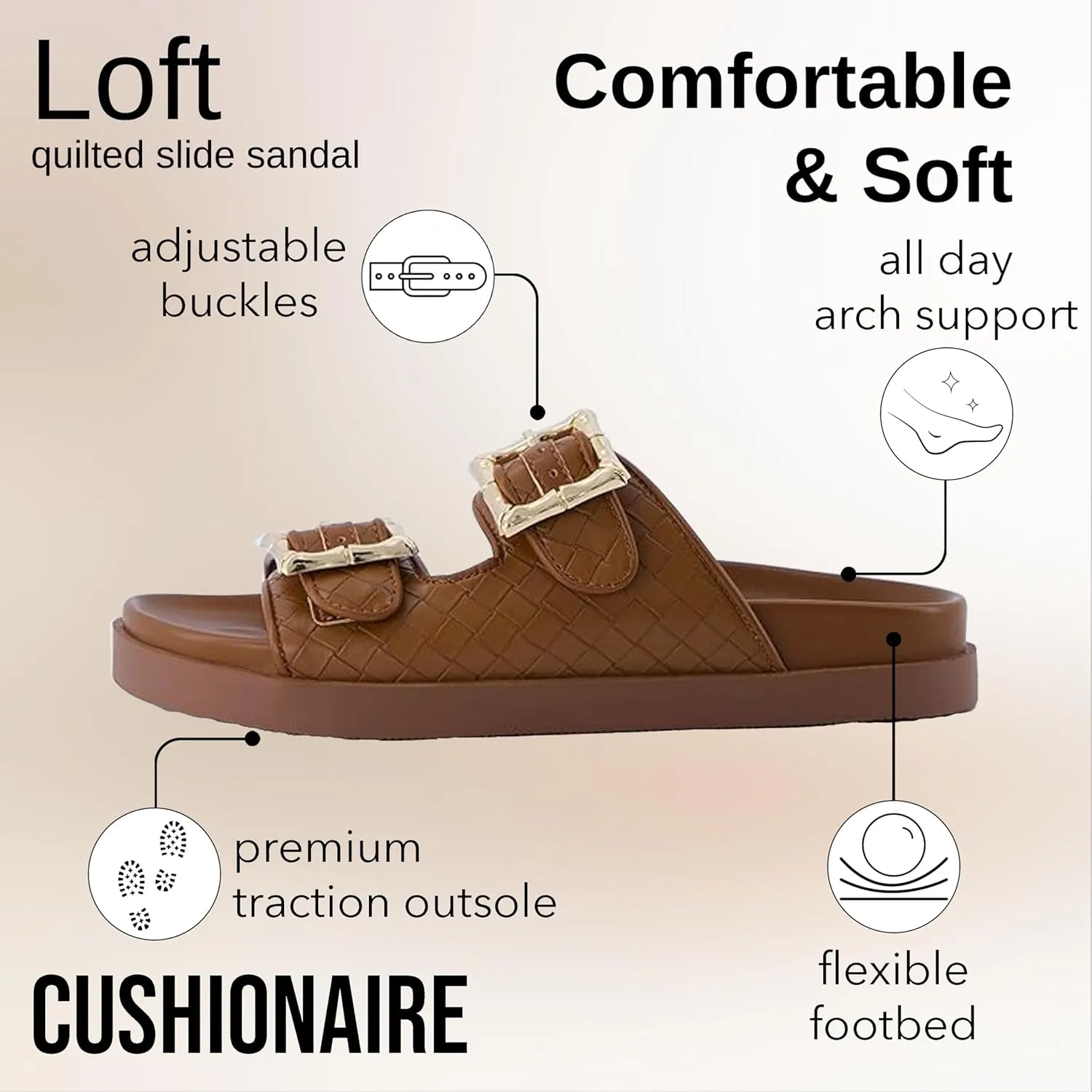 CUSHIONAIRE Loft Women's Quilted Slide Sandal With Cushioned Footbed and Adjustable Buckles