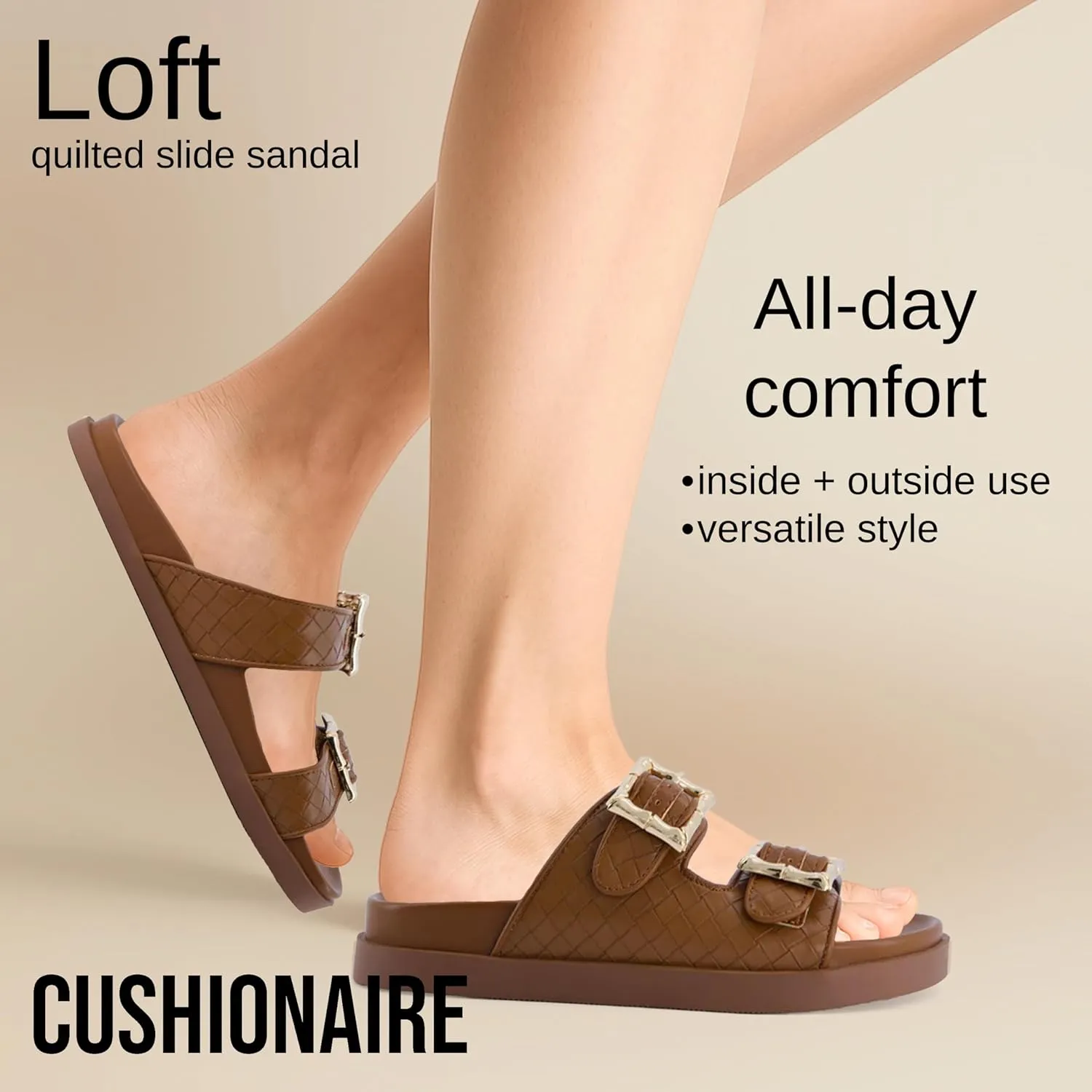 CUSHIONAIRE Loft Women's Quilted Slide Sandal With Cushioned Footbed and Adjustable Buckles