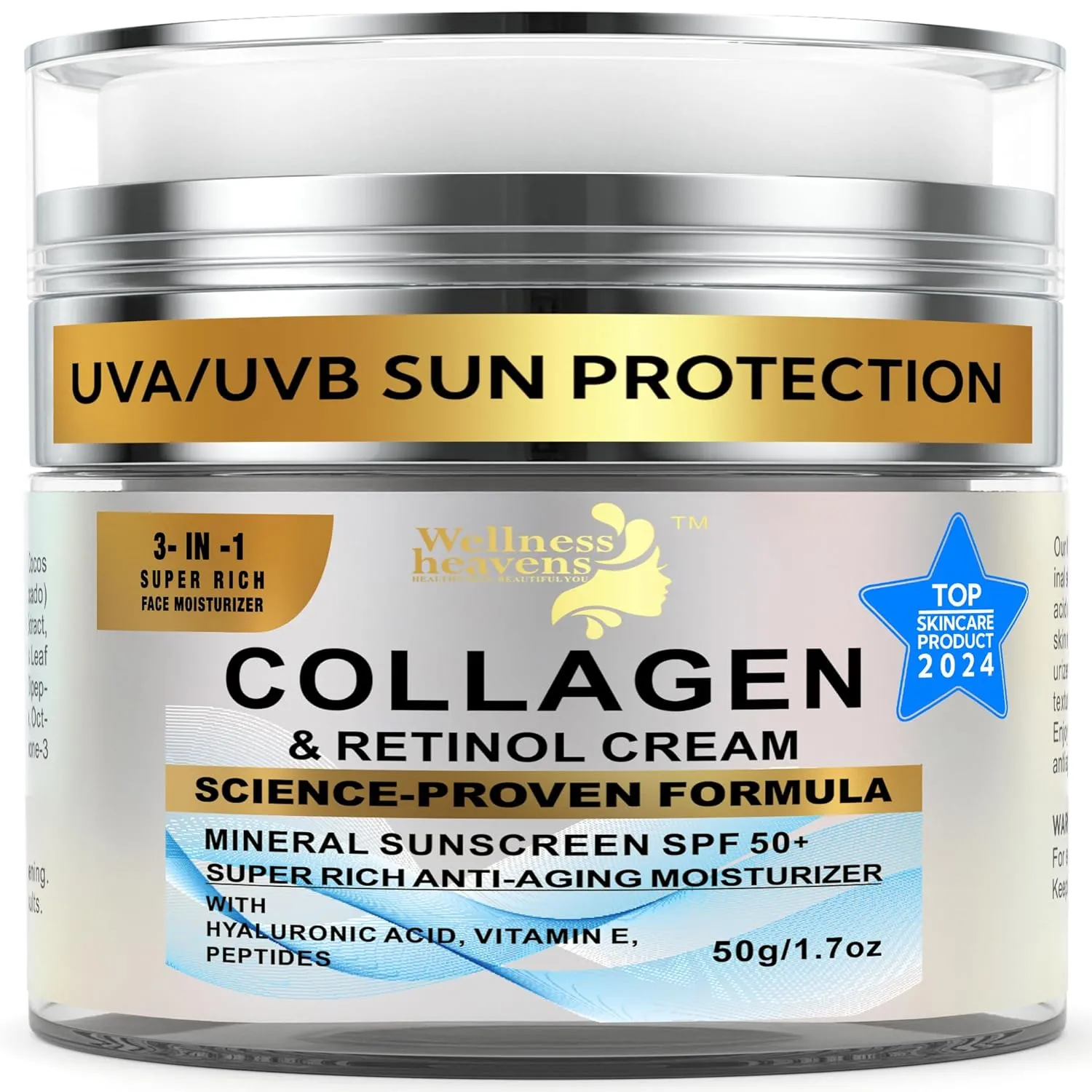 Daily Face Moisturizer with SPF 50 - Retinol, Hyaluronic Acid & Collagen with Age-Defying, Lift & Firm Cream and Sun Protection - Day & Night Repair Anti-Aging Face Moisturizer with Sunscreen | 1.7oz