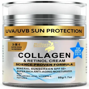 Daily Face Moisturizer with SPF 50 - Retinol, Hyaluronic Acid & Collagen with Age-Defying, Lift & Firm Cream and Sun Protection - Day & Night Repair Anti-Aging Face Moisturizer with Sunscreen | 1.7oz