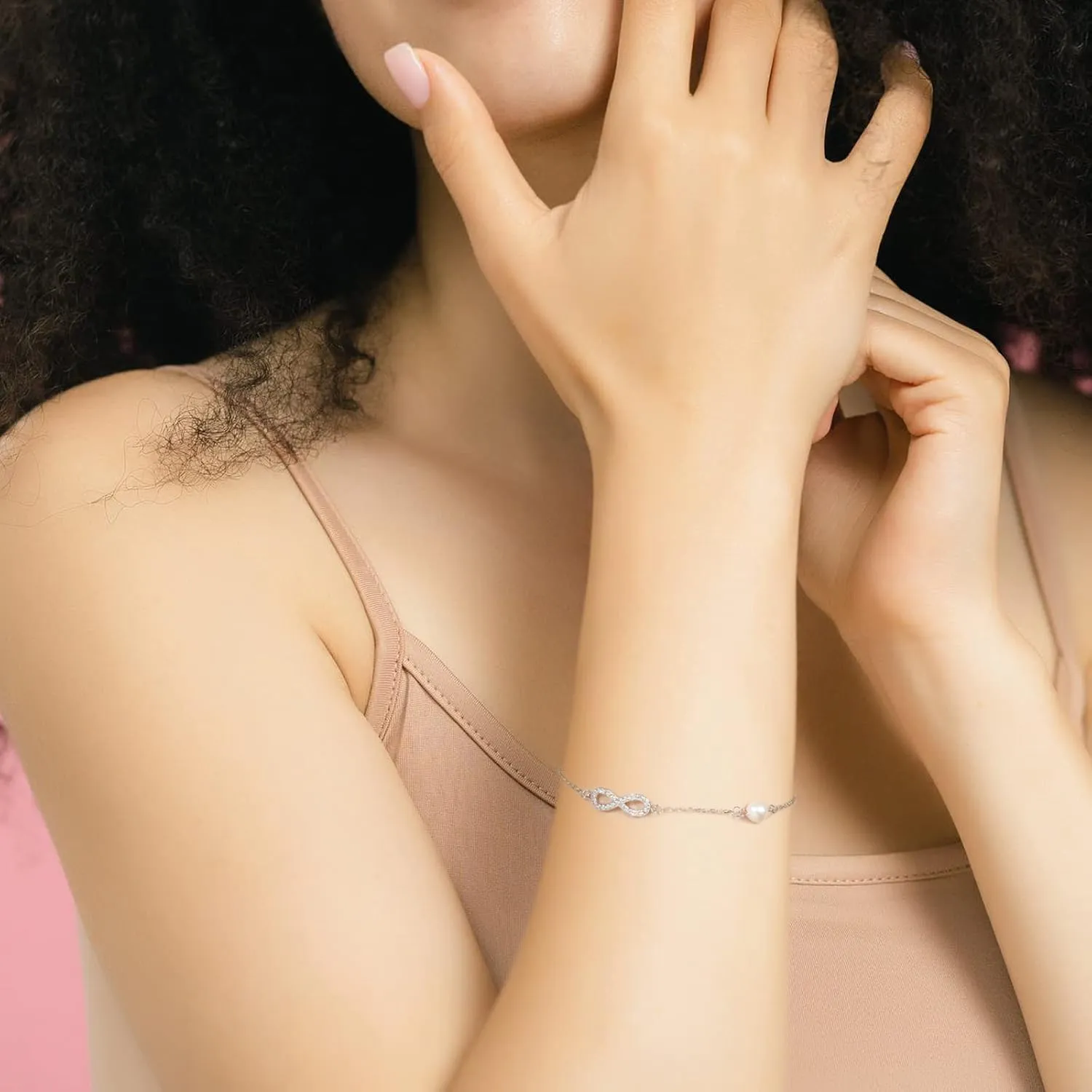 Dainty Freshwater Pearl Bracelet for Women, Delicate Sterling Silver White Pearl Link Chain Bracelets Wedding Jewelry for Brides Bridesmaid Gifts