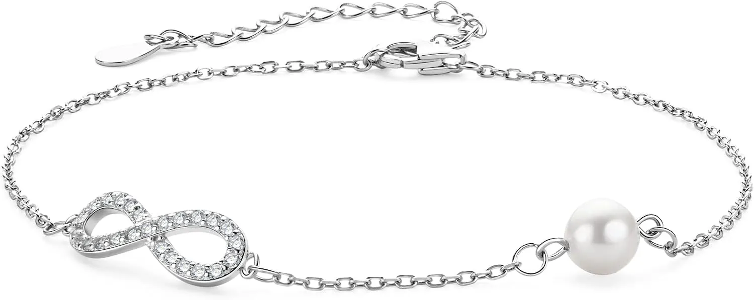 Dainty Freshwater Pearl Bracelet for Women, Delicate Sterling Silver White Pearl Link Chain Bracelets Wedding Jewelry for Brides Bridesmaid Gifts