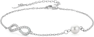 Dainty Freshwater Pearl Bracelet for Women, Delicate Sterling Silver White Pearl Link Chain Bracelets Wedding Jewelry for Brides Bridesmaid Gifts
