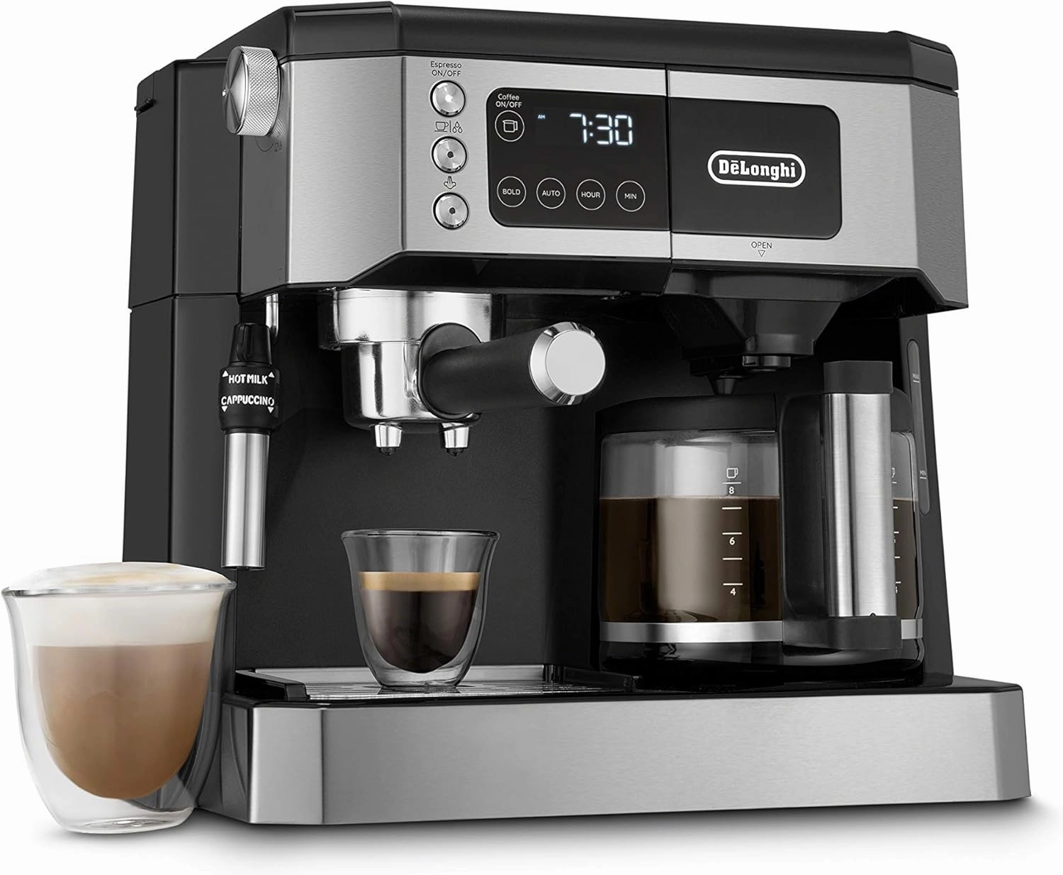 De'Longhi All-in-One Combination Coffee Maker & Espresso Machine   Advanced Adjustable Milk Frother for Cappuccino & Latte   Glass Coffee Pot 10-Cup, Black, COM532M